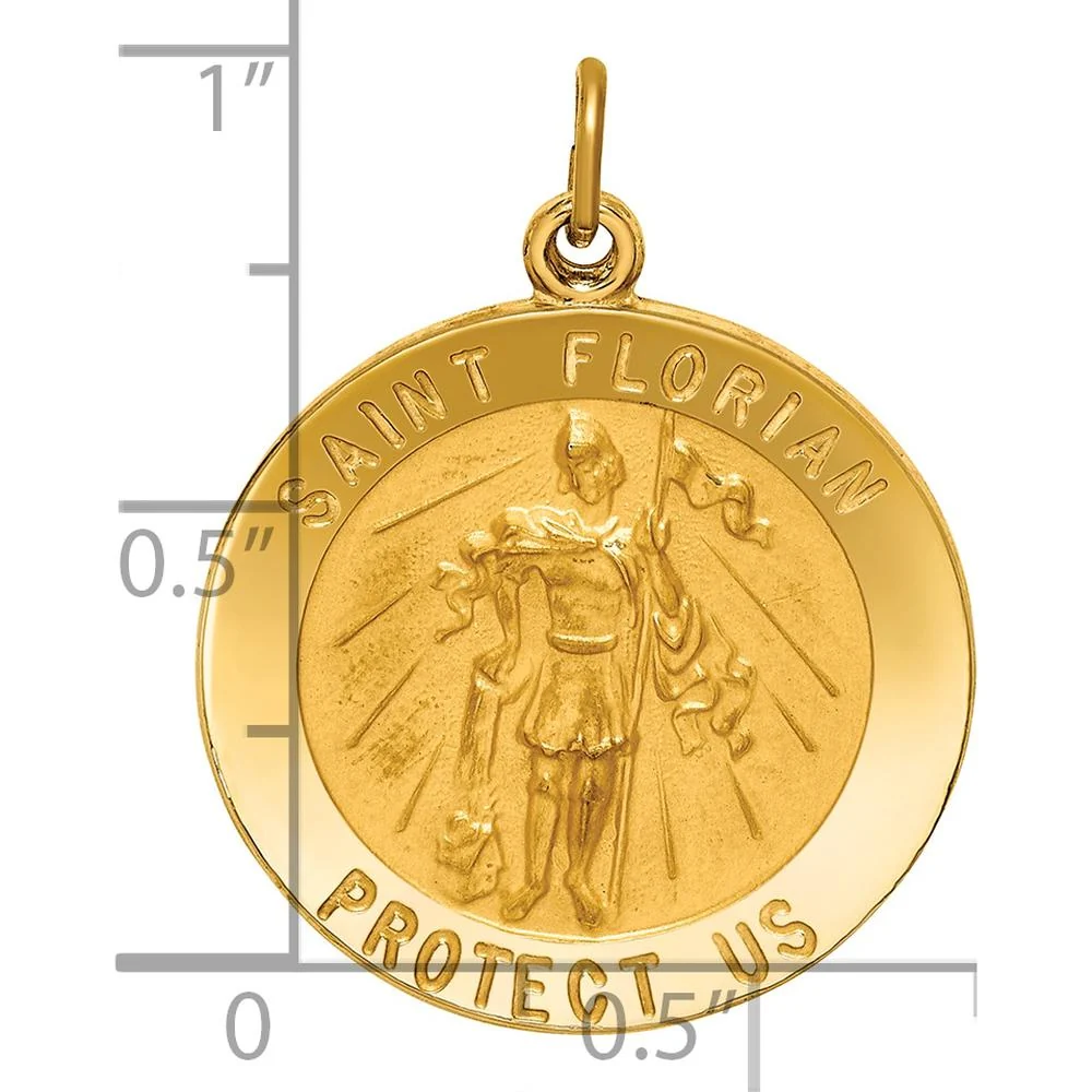 14K Yellow Gold St. Florian Medal Round Pendant with Polished and Satin Finish - 27.8mm Length x 22.25mm Width by Oro Pregiato - Image 3