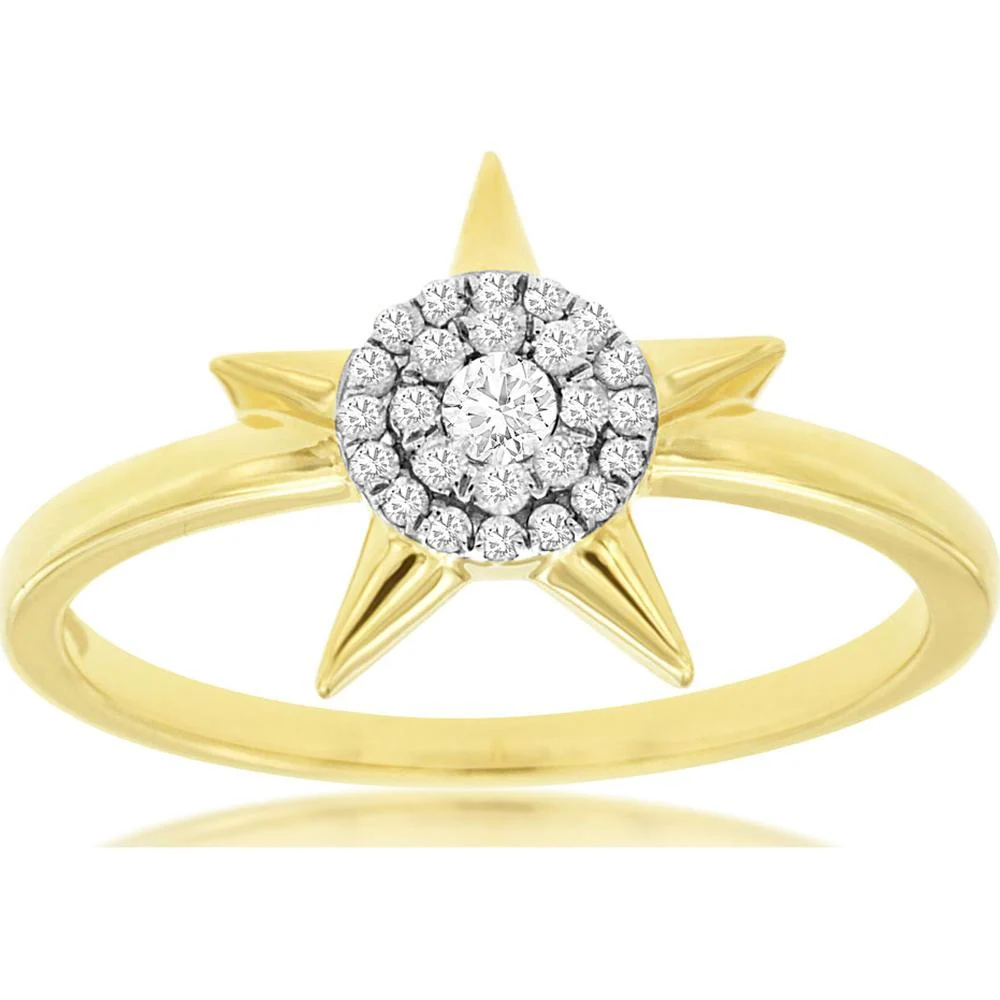 14K Yellow Gold Star Motif Ring with Round Brilliant Diamond Center and Halo Diamond Accents - 0.15 Carat Total Diamond Weight - Royal Jewelry