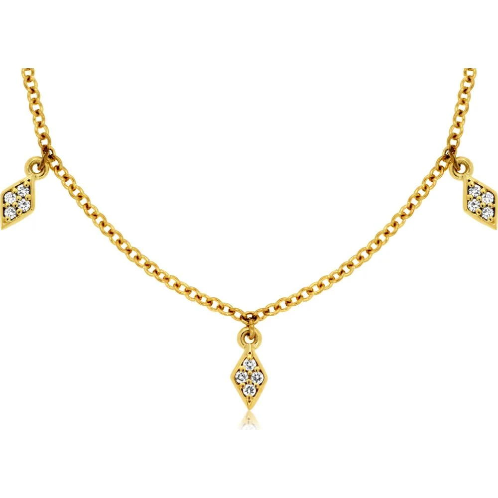 14K Yellow Gold Station Necklace with Kite-Shaped Diamond Cluster Charms - 0.30 Carat Total Diamond Weight - Royal Jewelry
