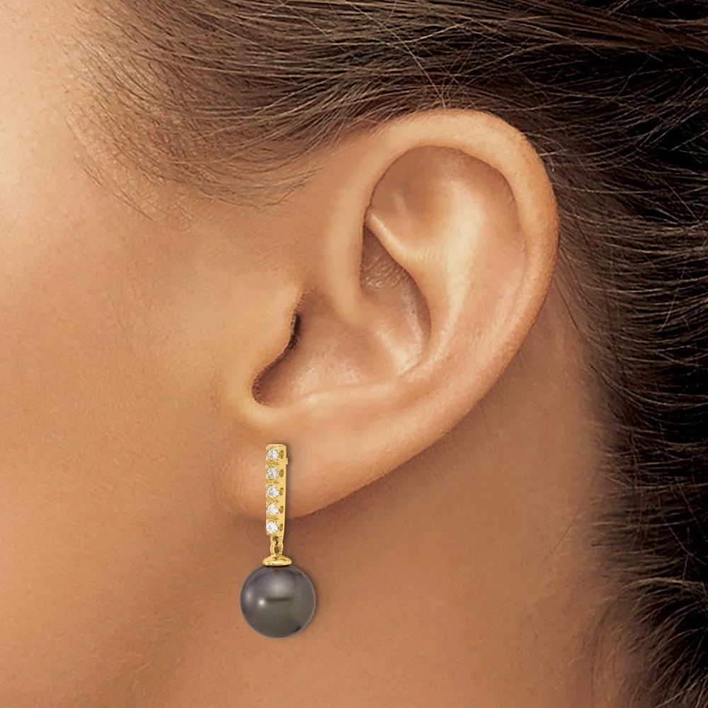 14K Yellow Gold Tahitian Black Pearl and Diamond Dangle Earrings - 0.20 Carat Total Diamond Weight by Monteluci Fine Jewelry - Image 3
