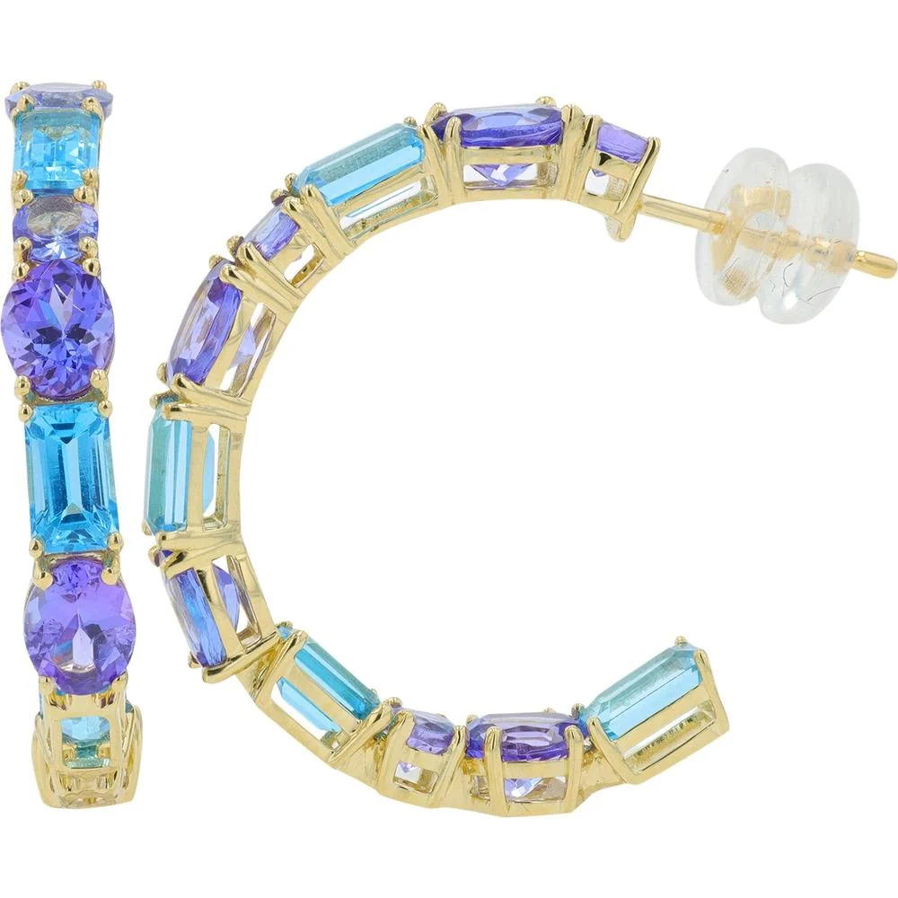 14K Yellow Gold Tanzanite & Blue Topaz C Hoop Earrings - 7.00 Carat Total Gemstone Weight - Image 2