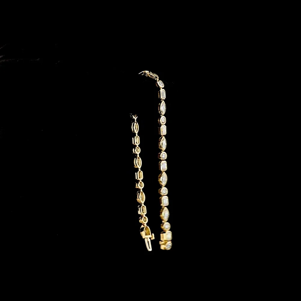 14K Yellow Gold Tennis Bracelet with Mixed Shape Bezel Set Lab Diamonds (Emerald, Marquise & Round Brilliant) - 5.87 Total Carat Weight - Covaloro Fine Jewelry - Image 3