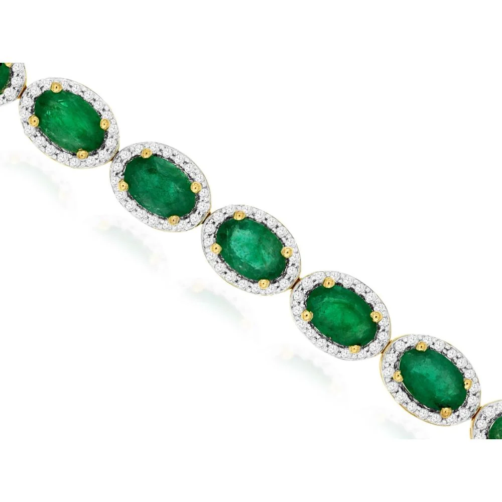 14K Yellow Gold Tennis Bracelet with Oval Cut Emerald and Diamond Halo - 9.00 Carat Emerald Total Weight & 1.40 Carat Diamond Total Weight - Royal Jewelry