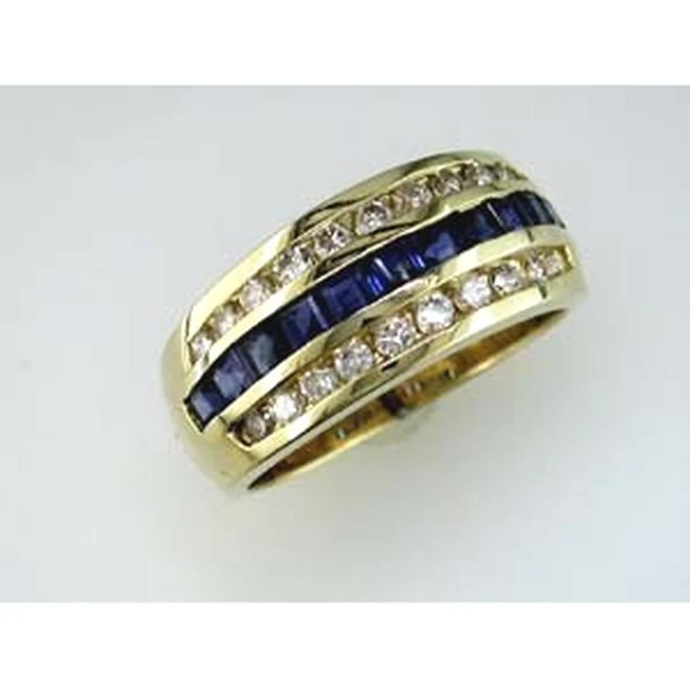 14K Yellow Gold Three-Row Band with Princess Cut Sapphires and Round Diamonds - 1.25 Carat Sapphire Total Weight, 0.52 Carat Diamond Total Weight - Royal Jewelry
