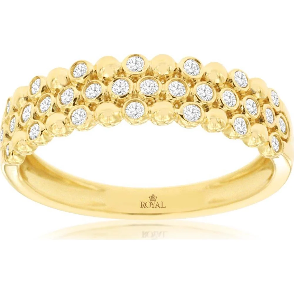 14K Yellow Gold Three Row Bead-Set Round Diamond Wedding Band - 0.25 Carat Total Diamond Weight - Royal Jewelry