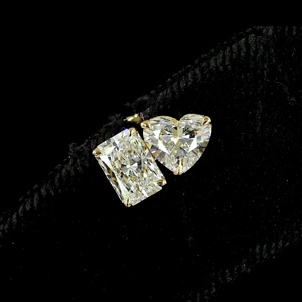 14K Yellow Gold Toi et Moi Stud Earrings with Radiant and Heart Shape Lab Diamonds - 1.95 Carats Total Diamond Weight - Covaloro Fine Jewelry - Image 4