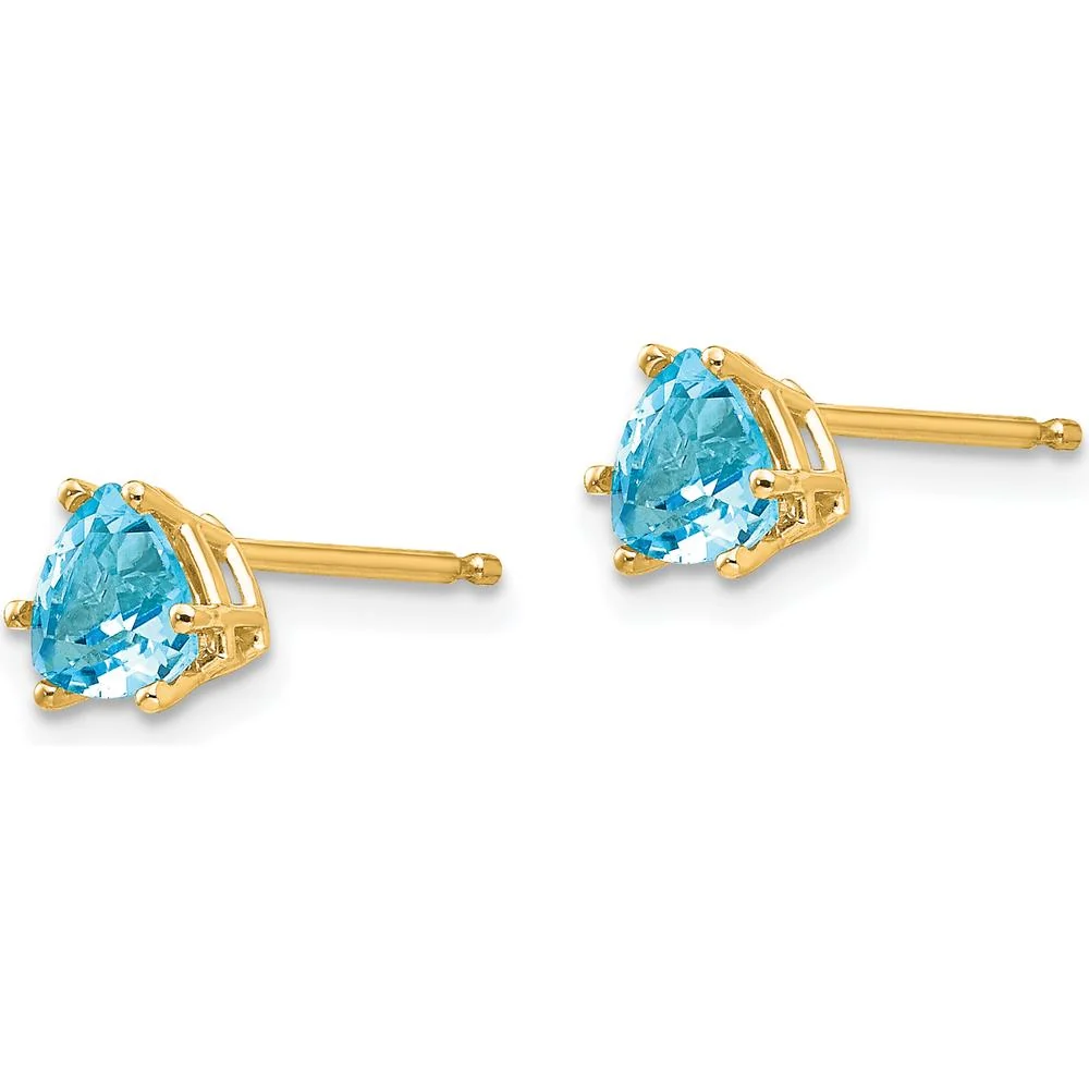 14K Yellow Gold Trillion Blue Topaz Stud Earrings - 0.630 Carat Total Gem Weight by Monteluci Fine Jewelry - Image 2