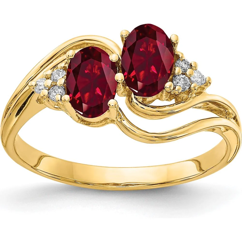 14K Yellow Gold Twin 6x4mm Oval Lab-Created Ruby and Diamond Accent Ring - 0.60 Carat Total Ruby Weight, 0.008 Carat Total Diamond Weight - Size 6 by Monteluci Fine Jewelry