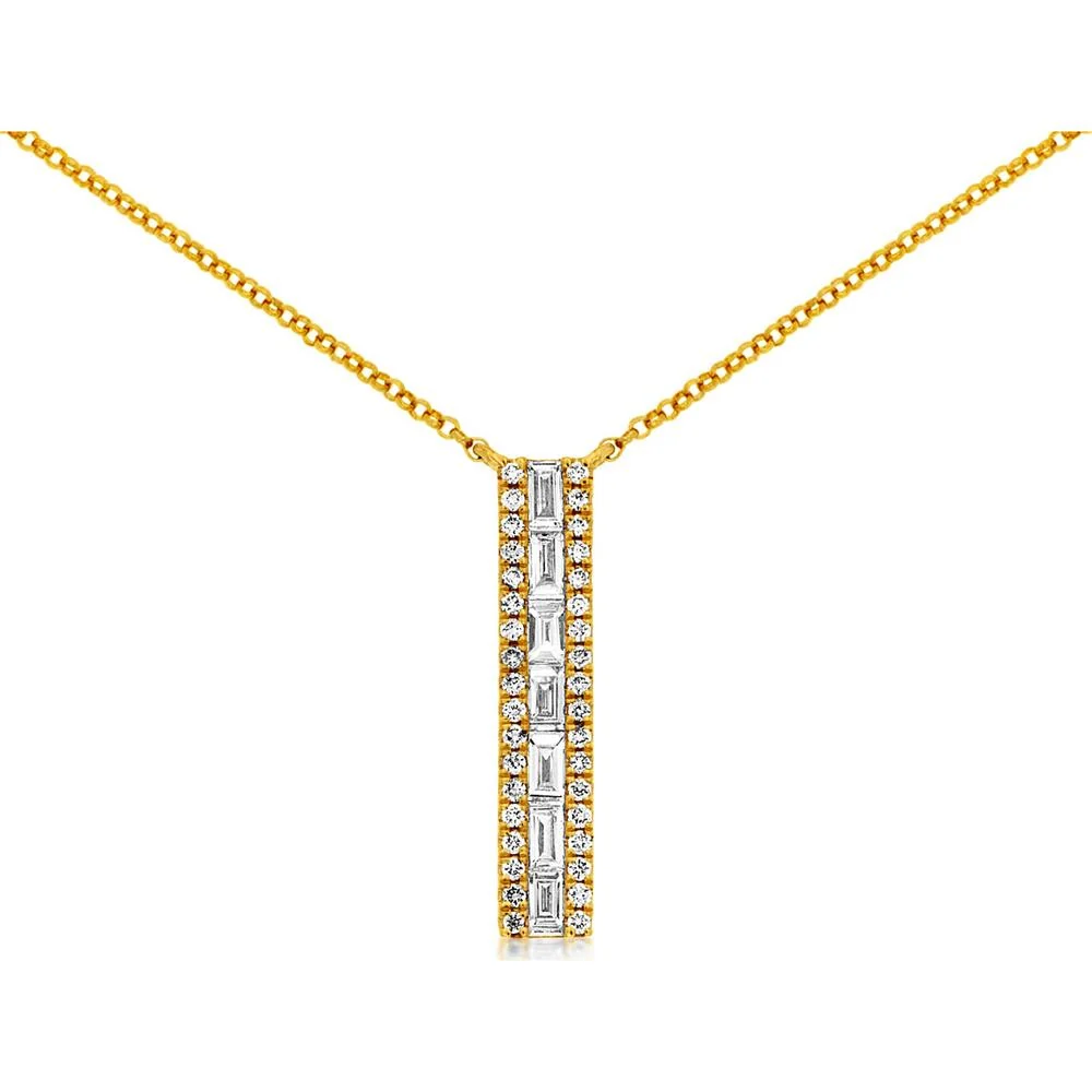14K Yellow Gold Vertical Bar Pendant Necklace with Baguette and Round Diamonds - 0.43 Carat Total Diamond Weight - Royal Jewelry