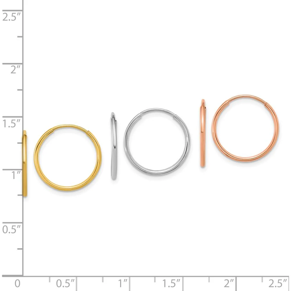 14K Yellow, White, and Rose Gold 1.20mm Endless Hoop Earring Set - Polished Tri-Color Finish by Oro Pregiato - Image 3