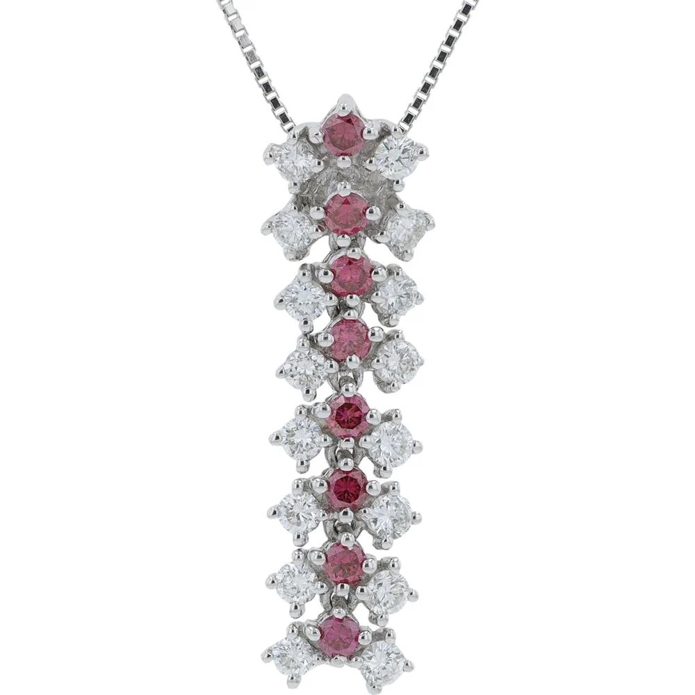 18K White Gold 0.34 Carat Pink Sapphire Pendant with 0.66 Carat Round Diamonds - Elegant Vertical Design