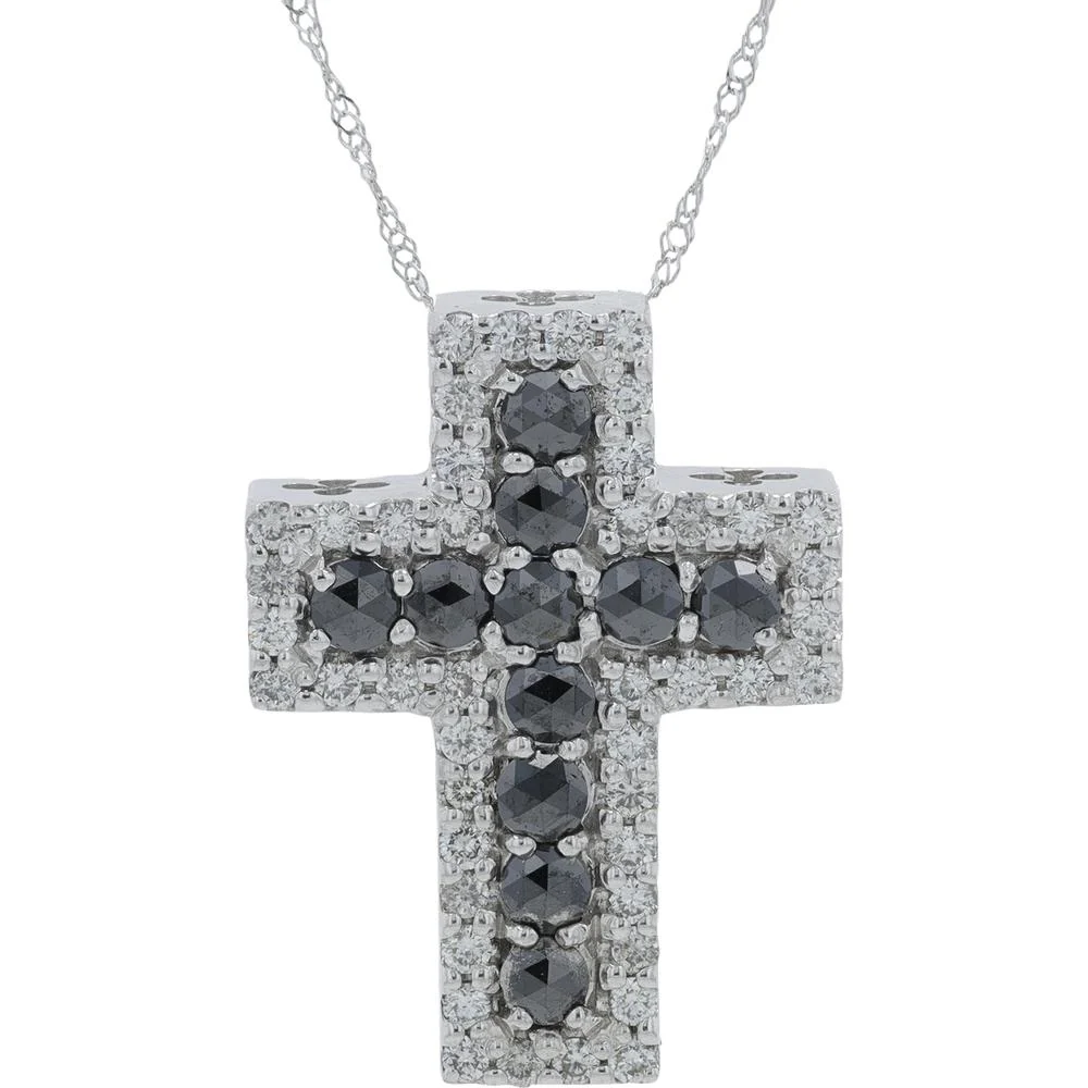 18K White Gold 1.50 Carat Total Diamond Cross Pendant with Black and White Diamonds