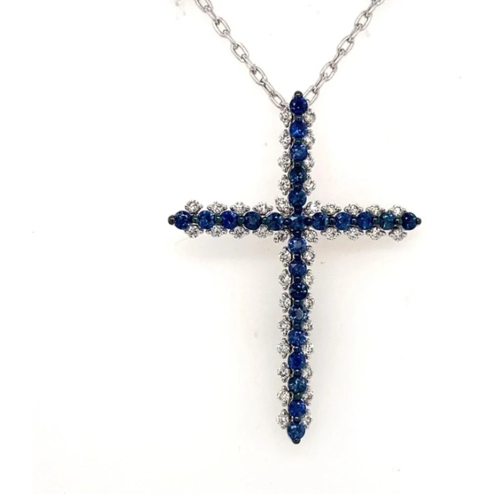 18K White Gold Cross Necklace with Round Blue Sapphires and Round Diamonds by Afarin