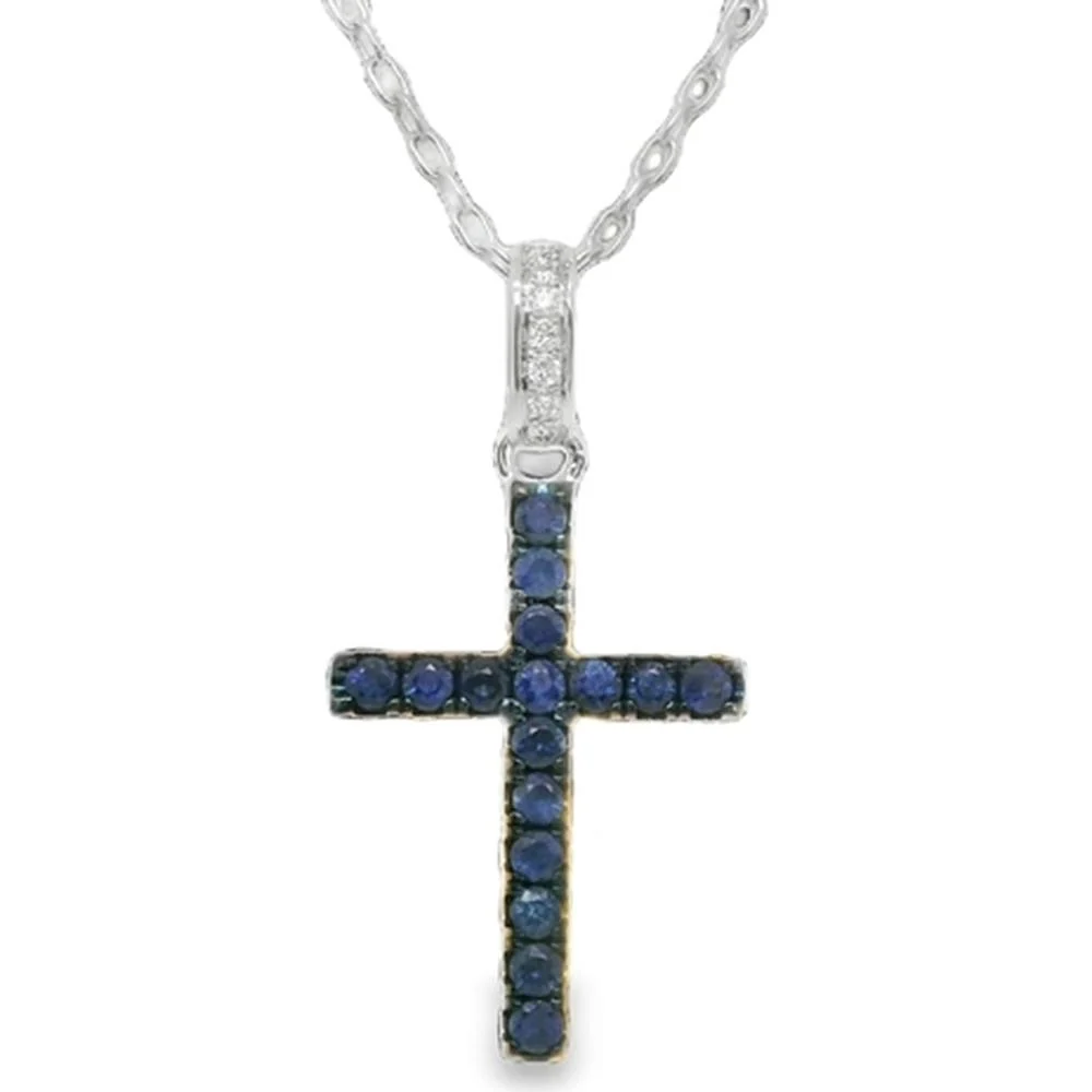 18K White Gold Cross Pendant with Round Blue Sapphires and Diamond Accent Bail by Afarin