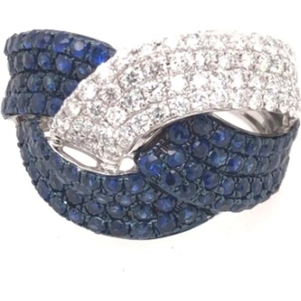 18K White Gold Crossover Ring with Blue Sapphires and Diamond Pave by Afarin