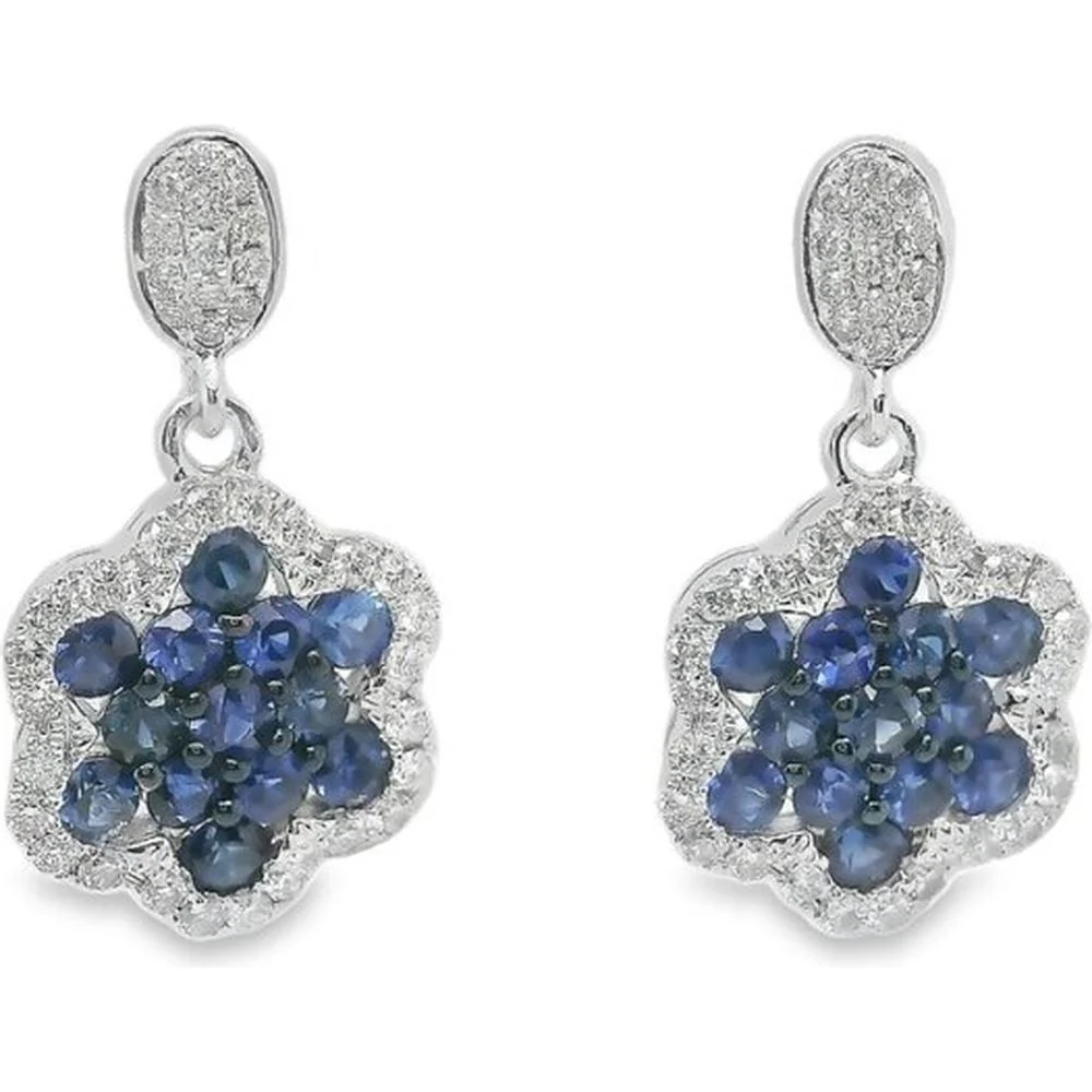 18K White Gold Floral Drop Earrings with Blue Sapphires and Diamond Halo Accents by Afarin
