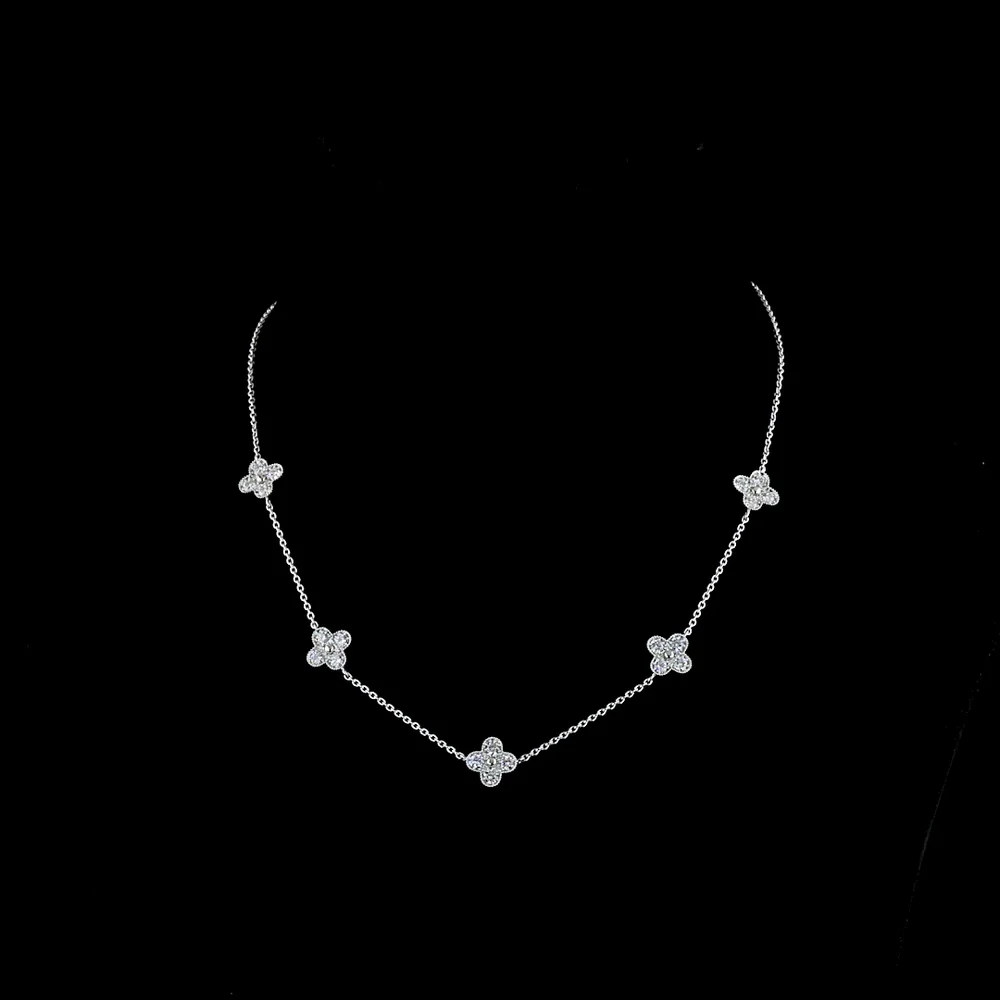 18K White Gold Floral Station Necklace with Bezel and Prong Set Round Lab Diamonds - 1.69 Carat Total Diamond Weight - Covaloro Fine Jewelry