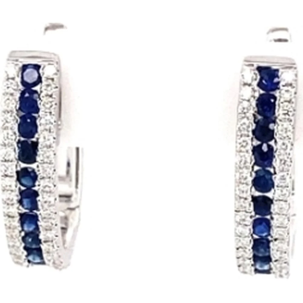 18K White Gold Huggie Earrings with Round Blue Sapphires and Diamond Accents by Afarin