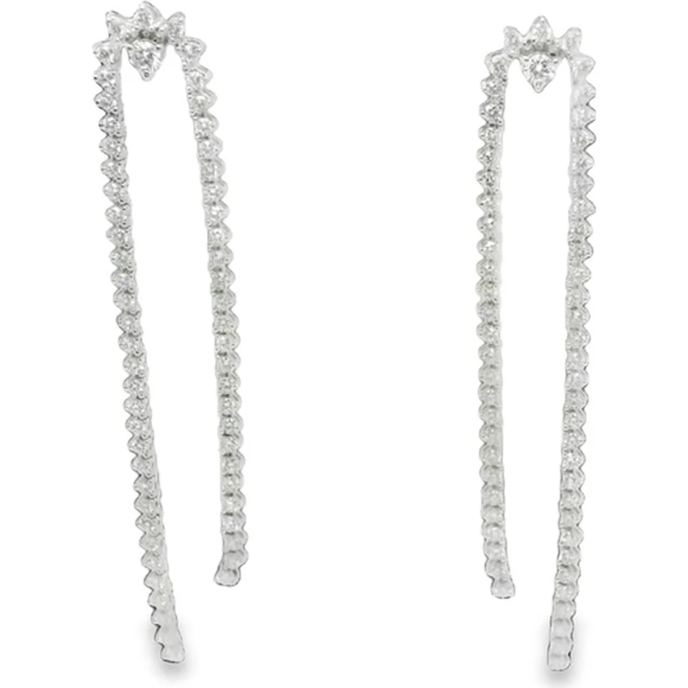 18K White Gold Long Diamond Drop Earrings with Floral Star Tops by Afarin
