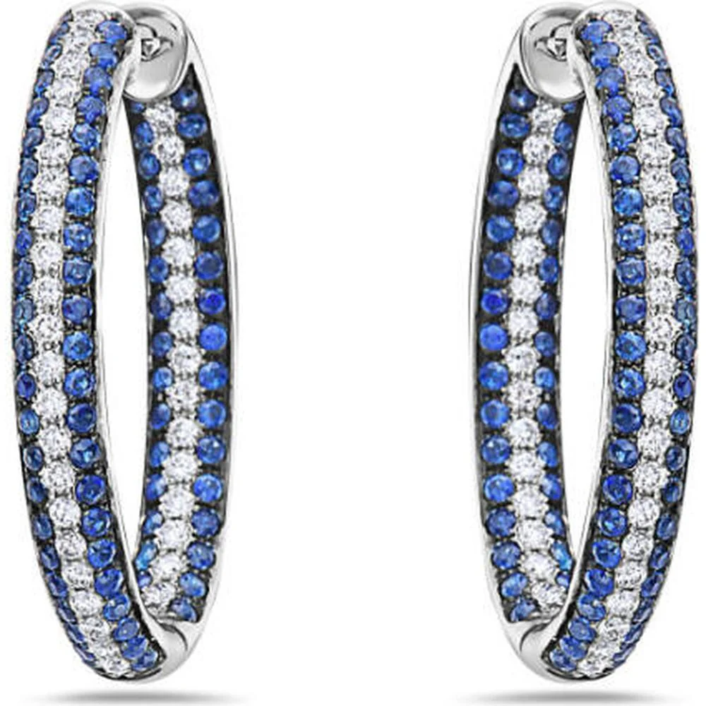 18K White Gold Medium Hoop Earrings with Blue Sapphires and Round Diamonds by Afarin