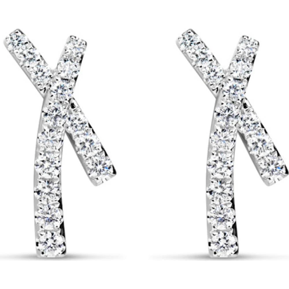 18K White Gold Modern Crossed Drop Earrings with Round Diamonds by Afarin