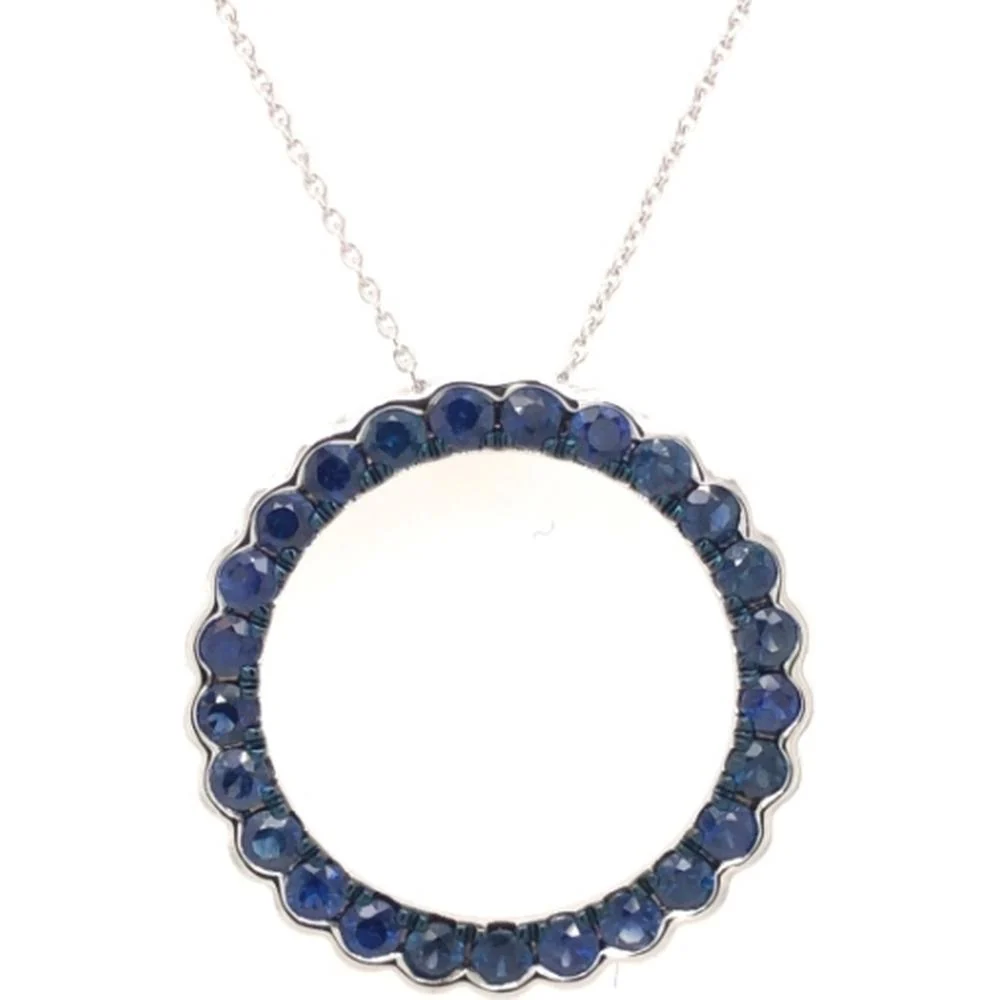 18K White Gold Open Circle Pendant Necklace with Round Blue Sapphires by Afarin
