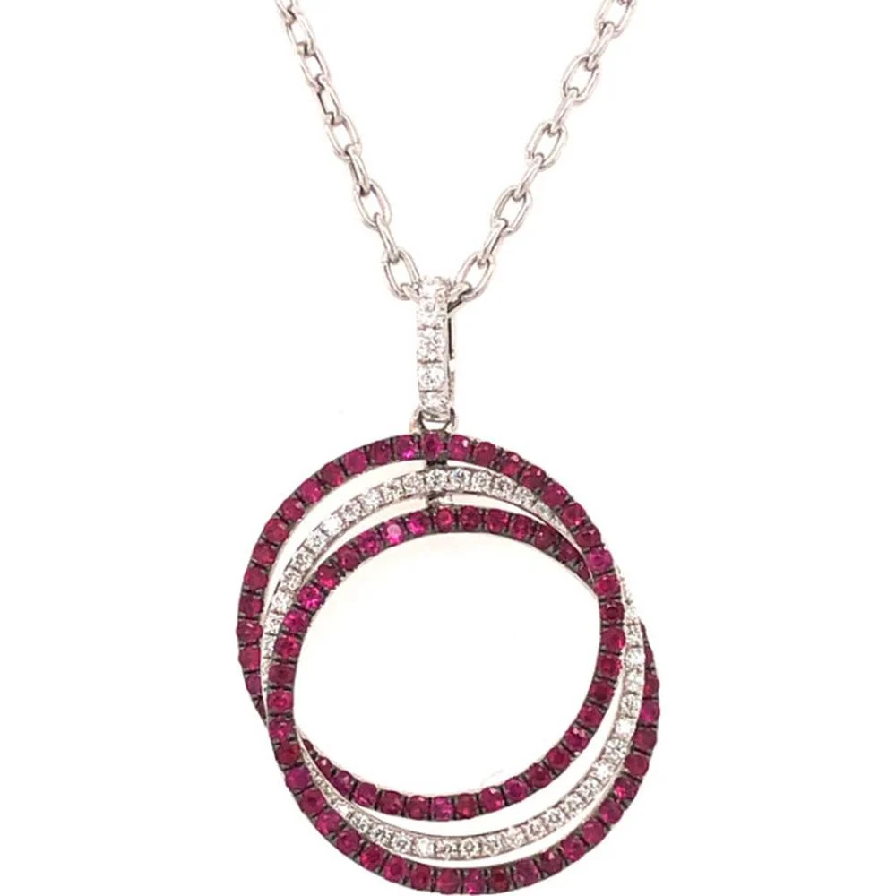 18K White Gold Open Circle Pendant Necklace with Round Rubies and Diamond Accents by Afarin