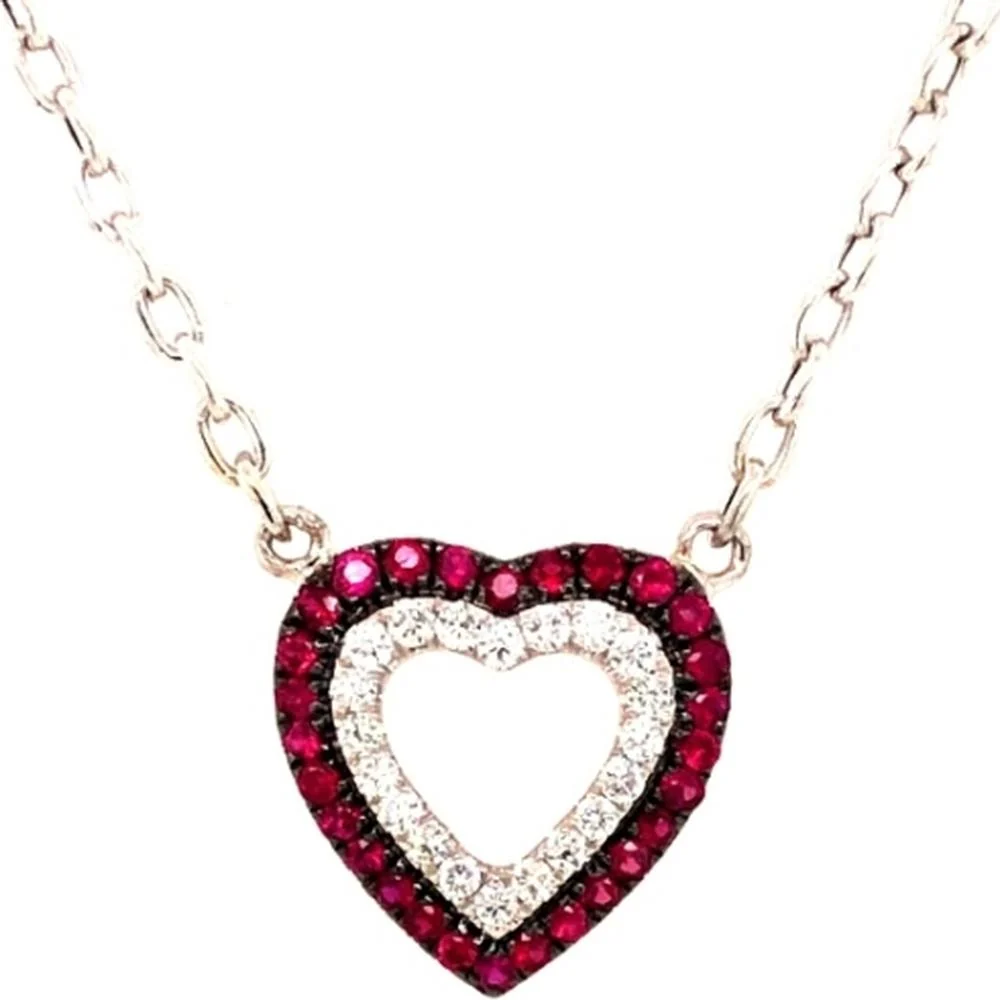 18K White Gold Open Heart Necklace with Rubies and Diamonds by Afarin