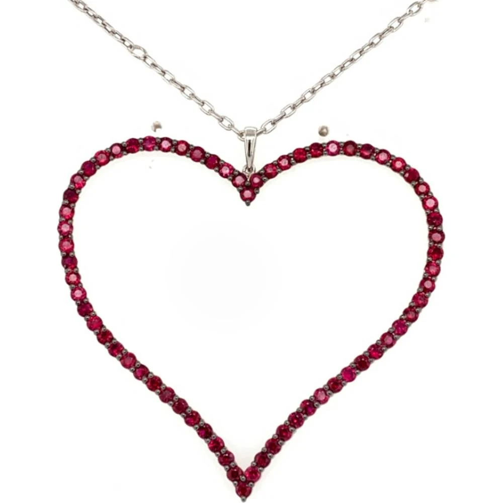18K White Gold Open Heart Pendant with Rubies by Afarin