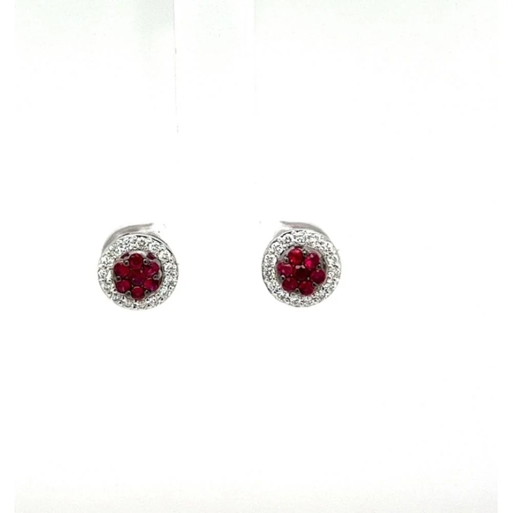 18K White Gold Round Ruby Cluster Stud Earrings with Diamond Halo by Afarin
