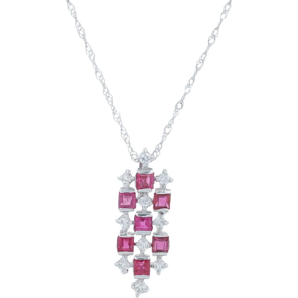 18K White Gold Ruby and Diamond Pendant Necklace - 0.75 Carat Ruby, 0.14 Carat Diamonds, 18" Chain