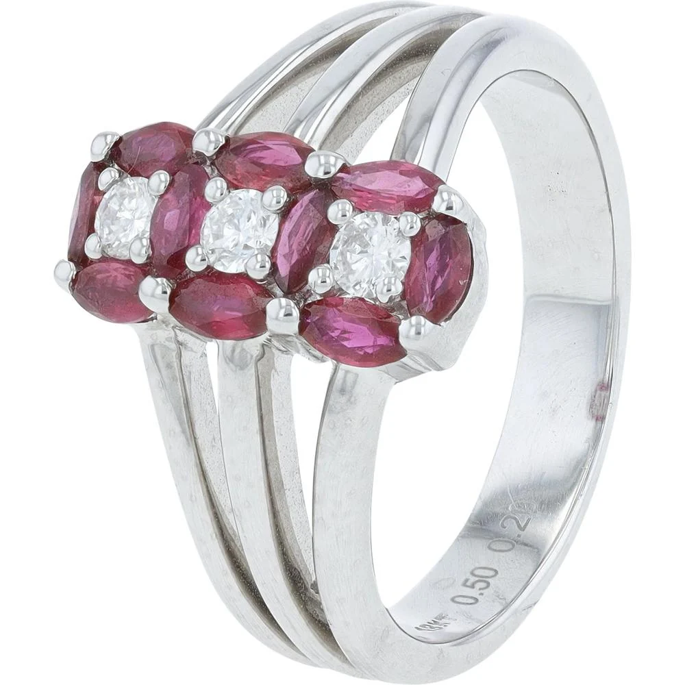 18K White Gold Three-Stone Ruby and Diamond Ring with 0.50 Carat Total Ruby Weight and 0.20 Carat Total Diamond Weight