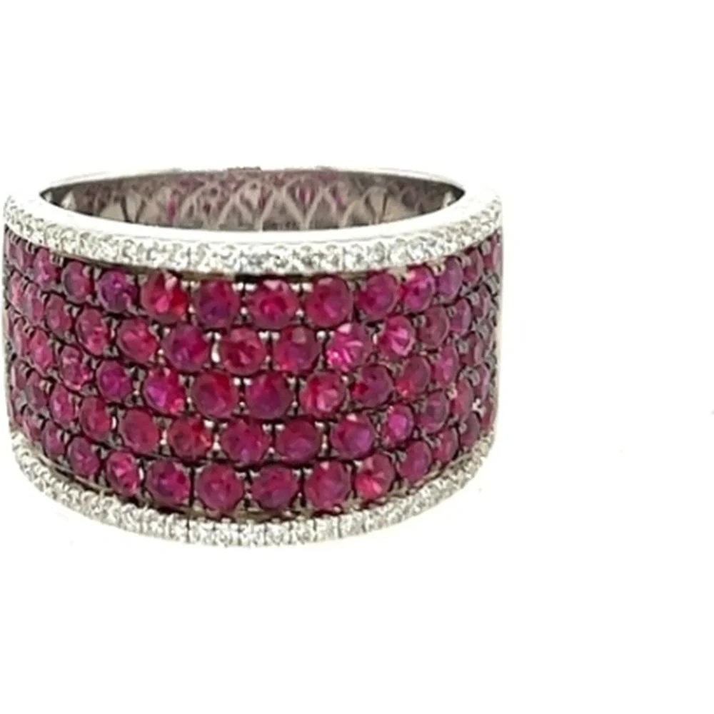 18K White Gold Wide Band Ring with Round Rubies and Diamond Edges by Afarin