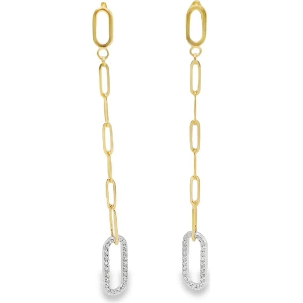 18K Yellow and White Gold Elongated Drop Earrings with Diamond-Set Oval Links by Afarin