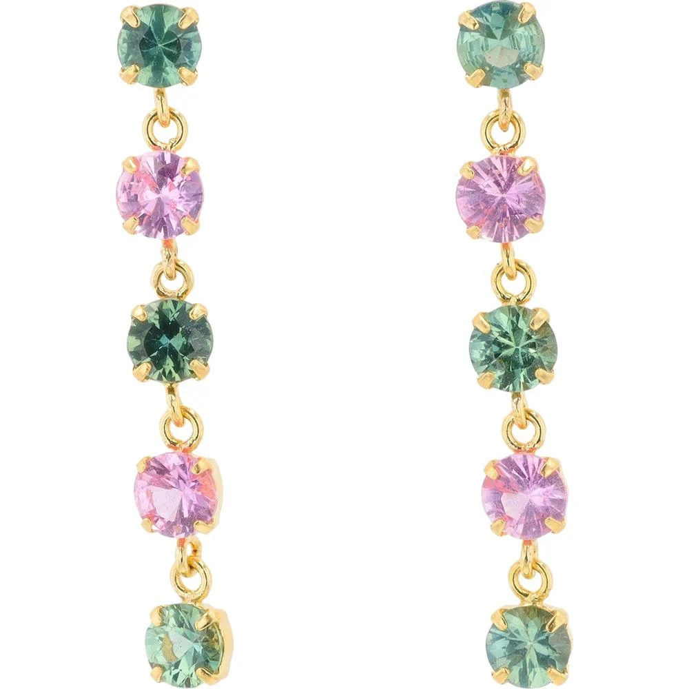 18K Yellow Gold 1.55 Carat Total Multi Sapphire Dangle Earrings - Round Four - Prong Set