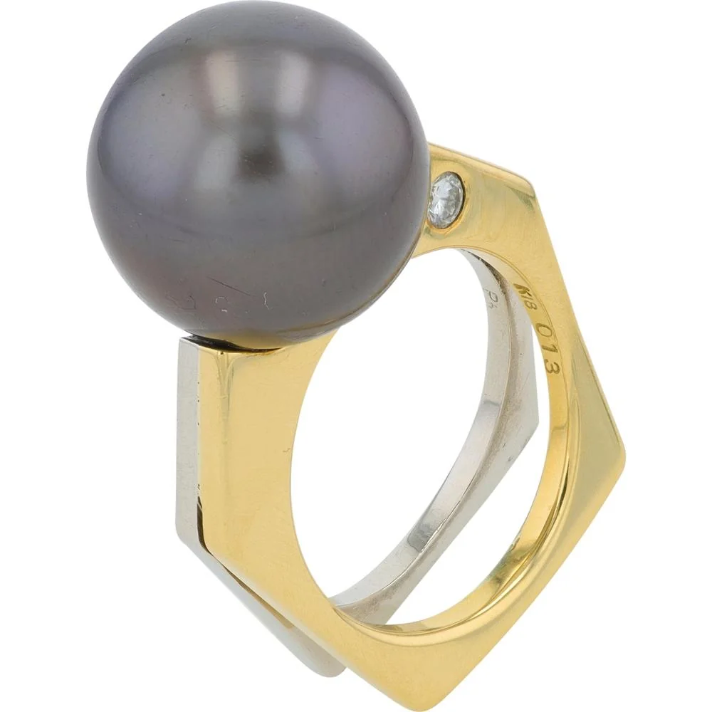 18K Yellow Gold and Platinum Pearl Ring with Diamond Accent - 14.5mm Pearl and 0.13 Carat Diamond