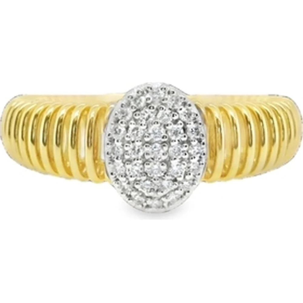 18K Yellow Gold and White Gold Ribbed Band Ring with Oval Diamond Cluster Top by Afarin