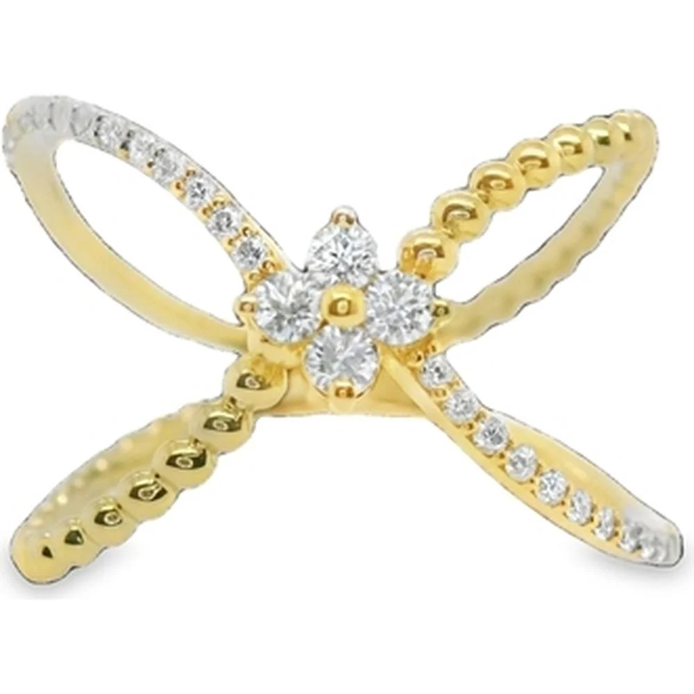 18K Yellow Gold Crisscross Ring with Floral Round Diamonds by Afarin