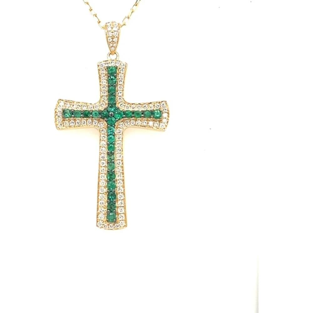 18K Yellow Gold Cross Pendant with Center Emeralds and Diamond Frame by Afarin