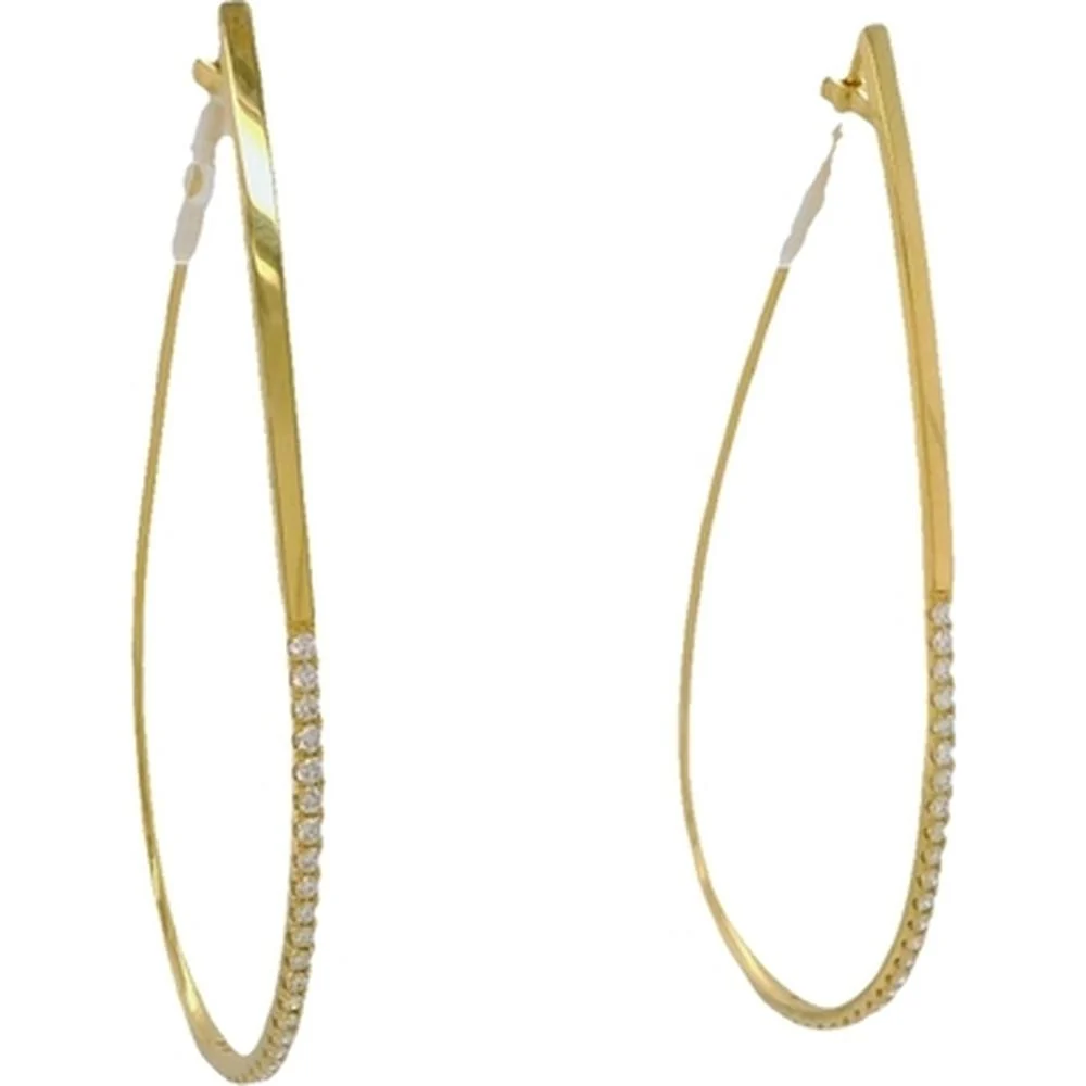18K Yellow Gold Elongated Hoop Earrings with Round Diamonds by Afarin