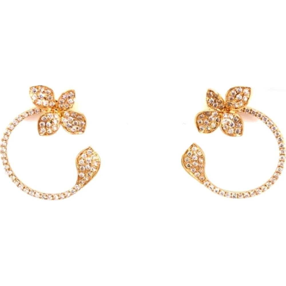 18K Yellow Gold Open Circle Diamond Earrings with Floral Motif by Afarin