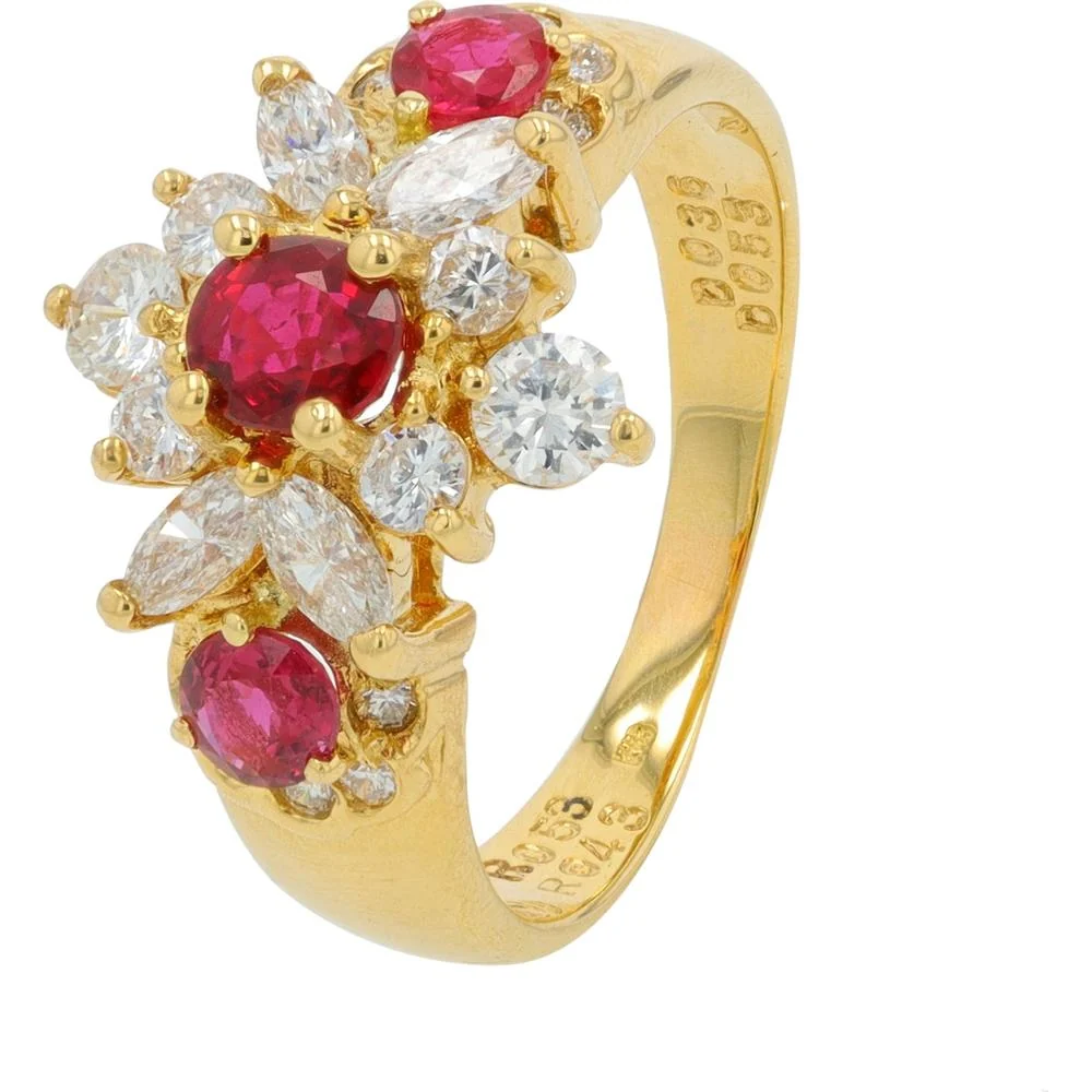 18K Yellow Gold Ruby Ring with 0.96 Carat Rubies and 0.83 Carat Diamond Halo