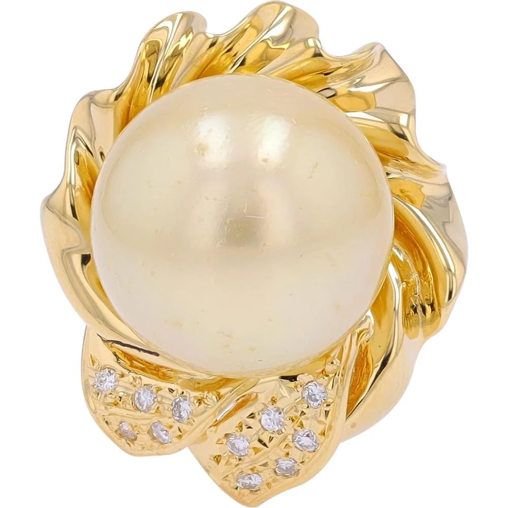 18K Yellow Gold South Sea Pearl Ring with Diamond Accents - 0.08 Carat Total Diamond Weight