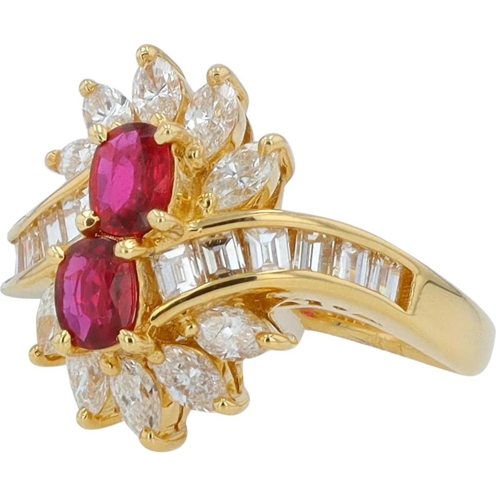 18K Yellow Gold Two Stone Oval Ruby Bypass Ring with 1.44 Carat Marquise and Baguette Diamonds - Image 2
