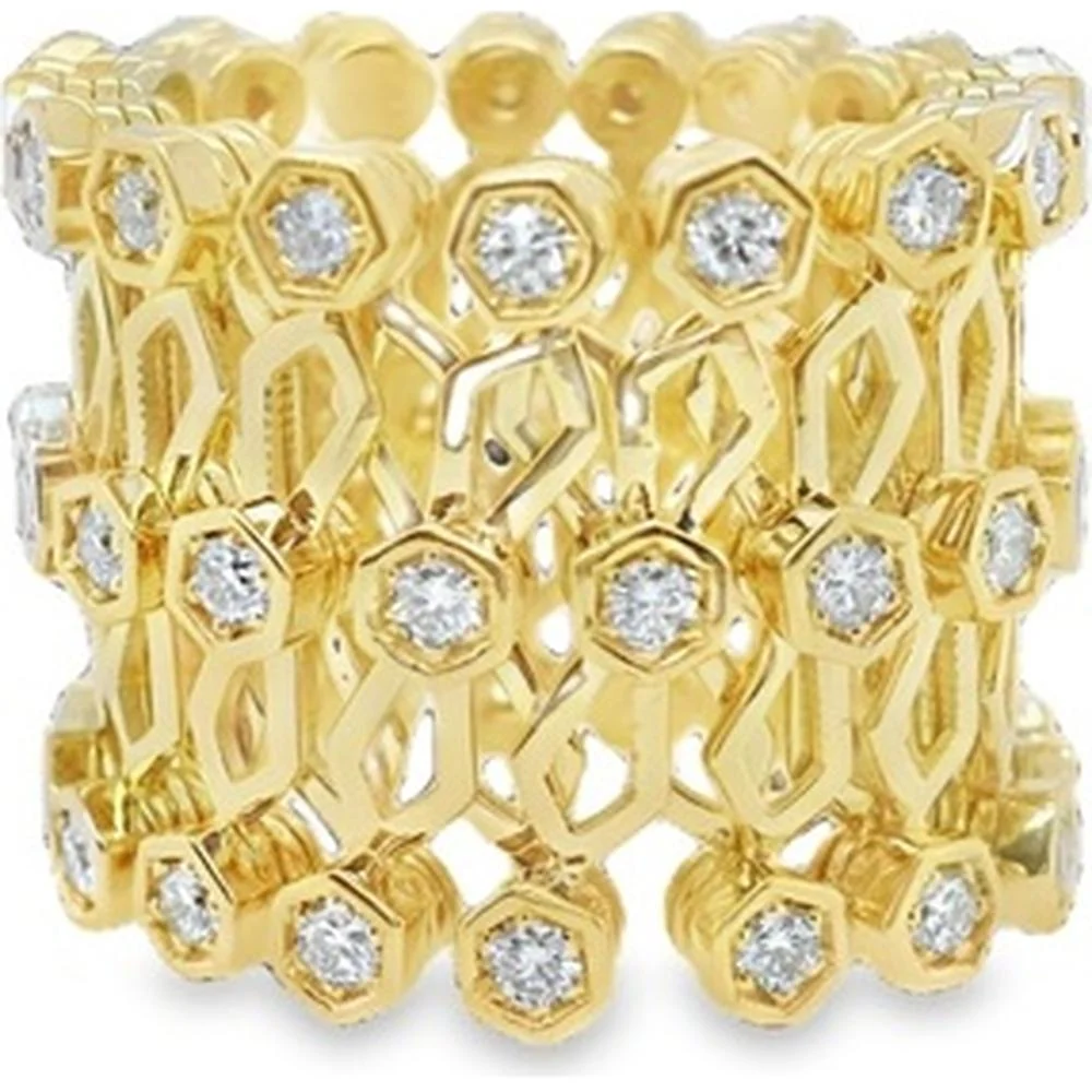 18K Yellow Gold Wide Openwork Ring with Round Diamond Accents by Afarin