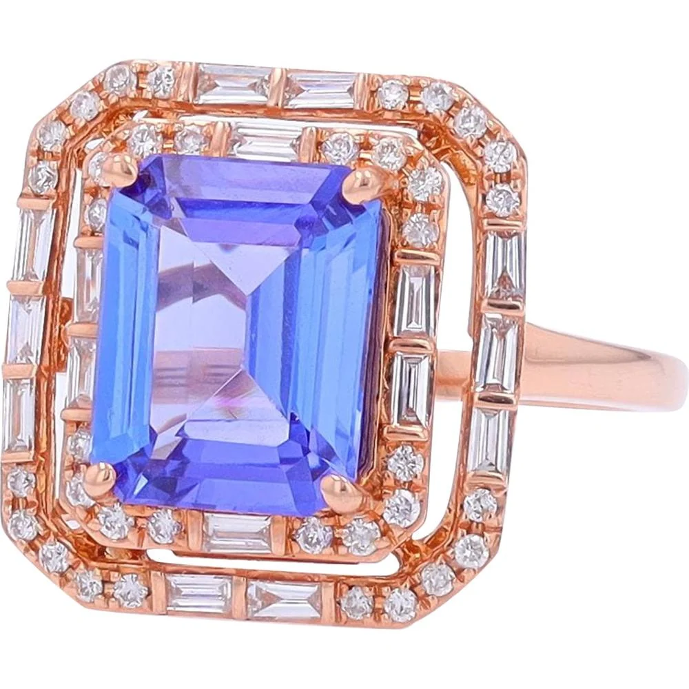 EFFY 14K Rose Gold Emerald - Cut Tanzanite Geometric Double Halo Ring with Baguette and Round Diamonds - 2.91 Carat Tanzanite and 0.60 Carat Total Diamond Weight - Image 2