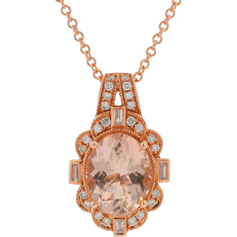EFFY 14K Rose Gold Oval Morganite Halo Pendant with Milgrain and Baguette Diamond Accents - 2.35 Carat Morganite & 0.18 Carat Total Diamond Weight