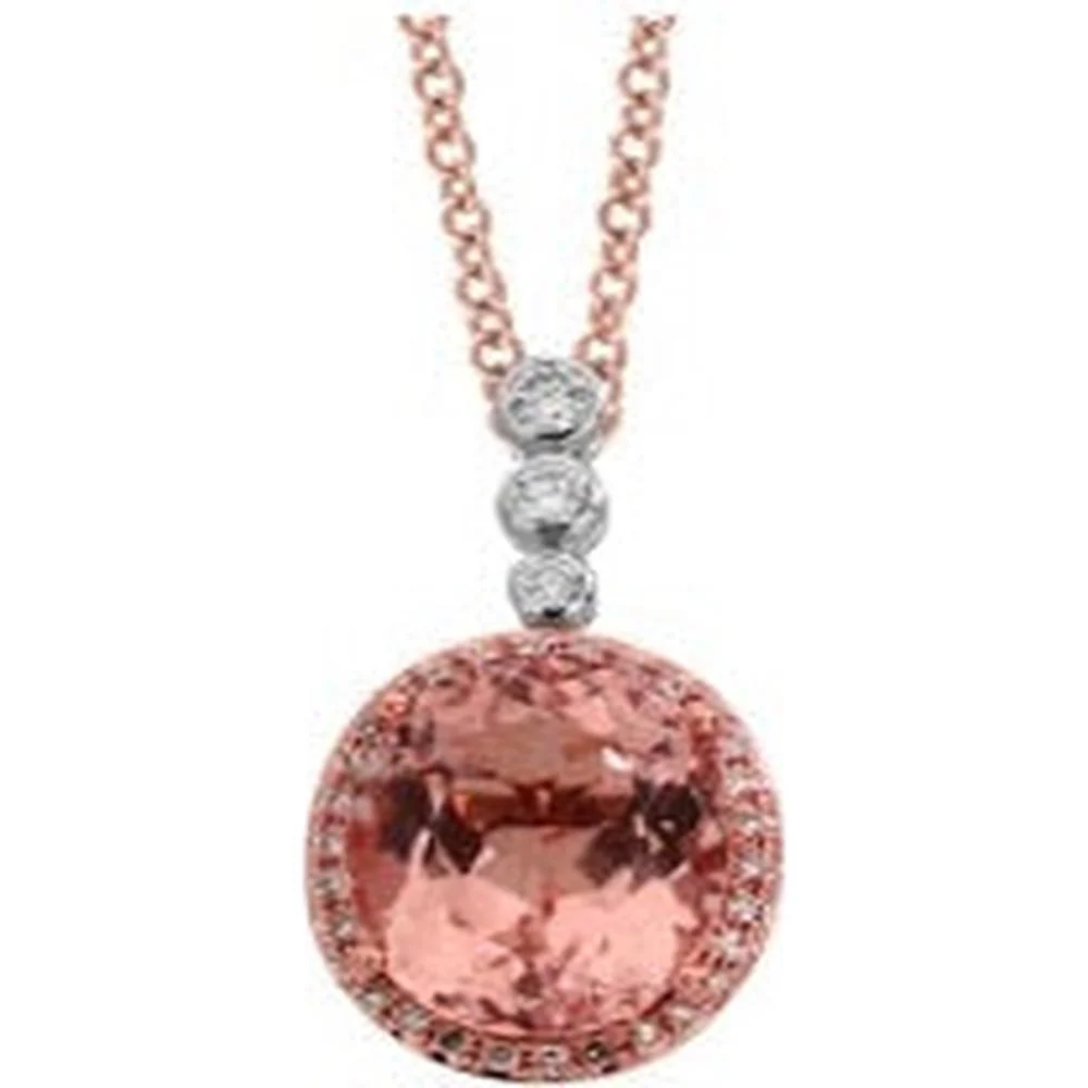 EFFY 14K Two-Tone Rose & White Gold Round Morganite Halo Pendant Necklace with Three Round Diamond Stations - 3.20 Carat Morganite, 0.19 Carat Total Diamond Weight, 18" Chain
