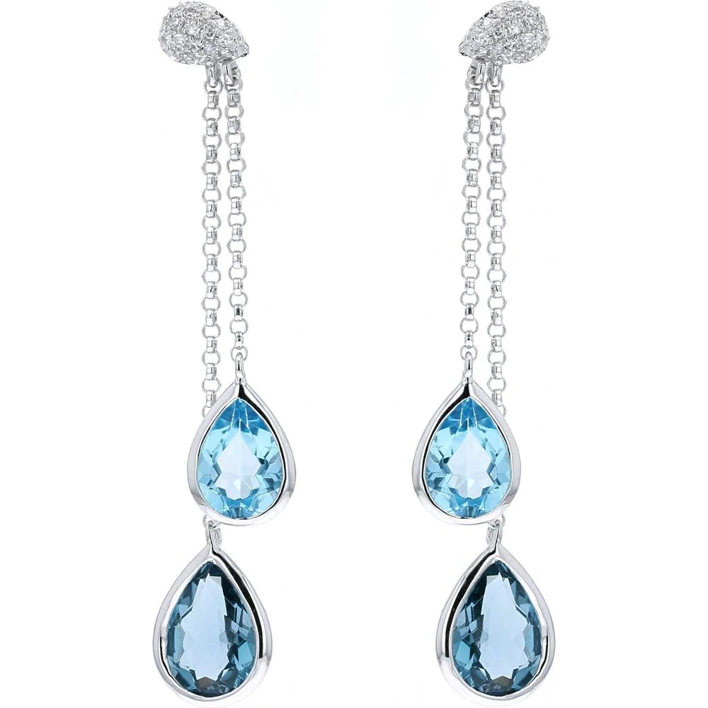 EFFY 14K White Gold Double Drop Earrings with Pear - Shaped London Blue Topaz and Diamond Pavé Accents - 4.45 Carat Total Topaz Weight, 0.12 Carat Total Diamond Weight
