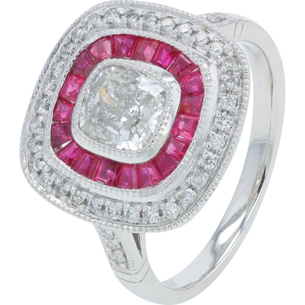 Platinum 0.58 Carat Ruby Ring with 1.21 Carat Halo Diamonds - Cushion Cut